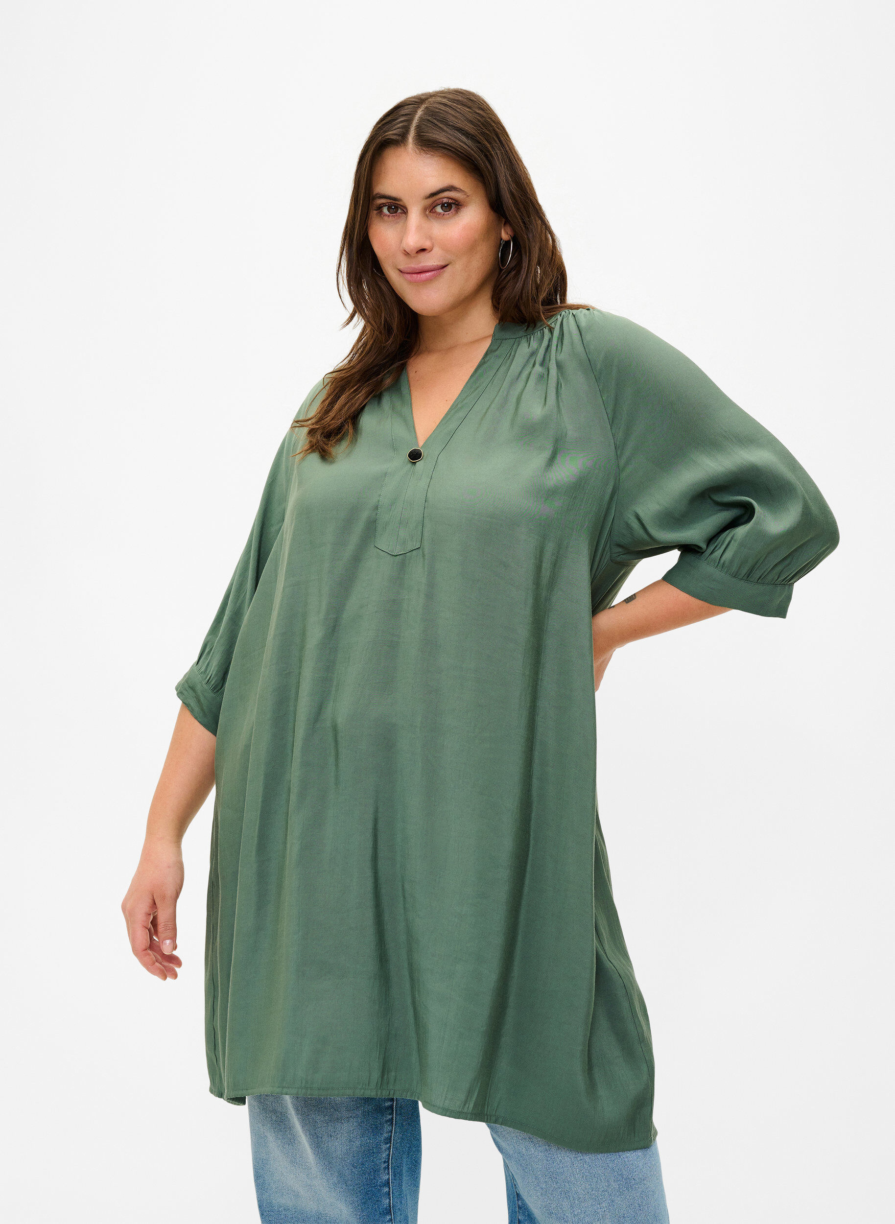 Zizzifashion Viscose tunic with 3/4 sleeves, Duck Green, Model image number 0