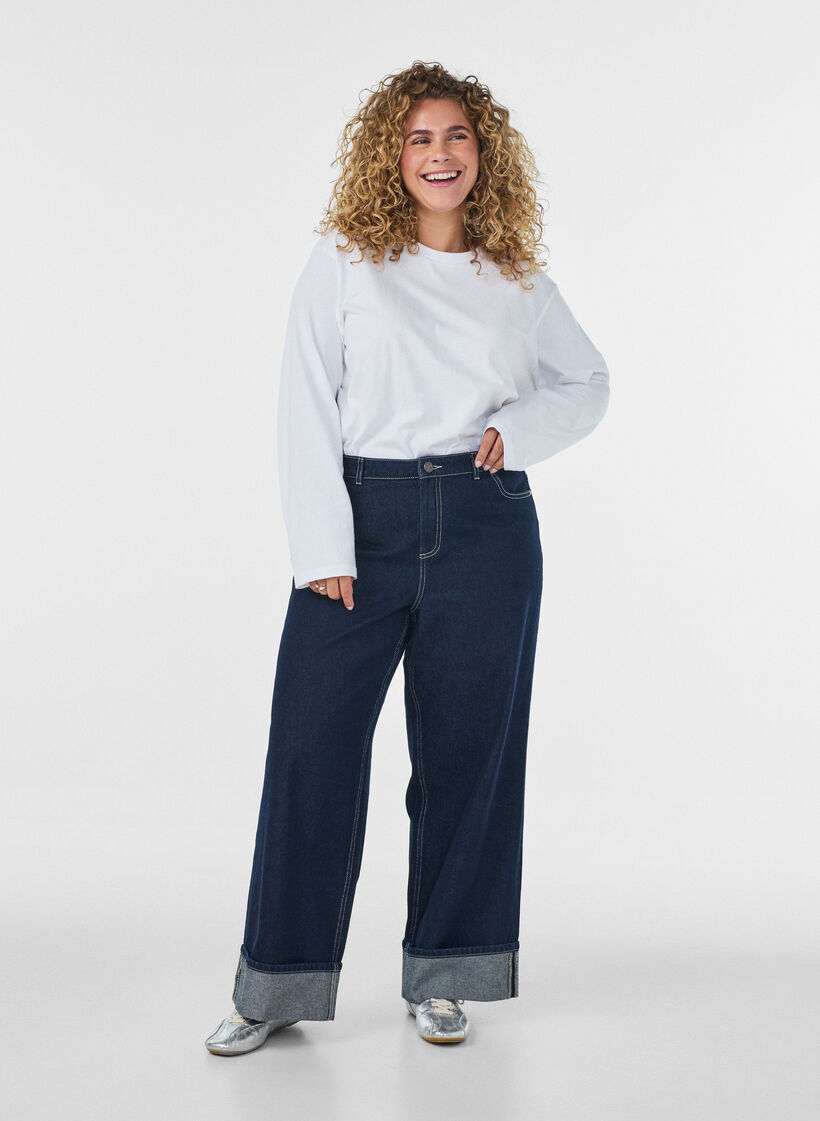 Wide fit jeans with wide turn-ups and contrast stitching, Blue, Model image number 0
