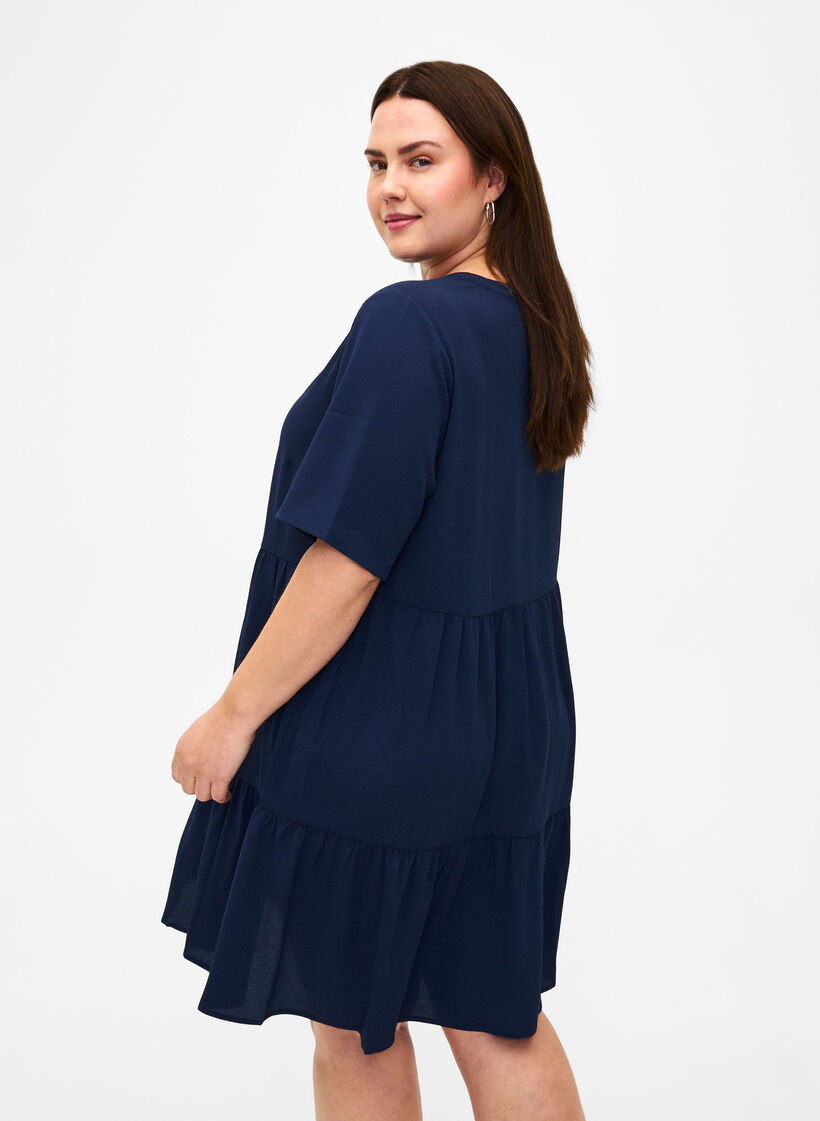 Short sleeve dress with a-line and cutlines, Blue, Model image number 2