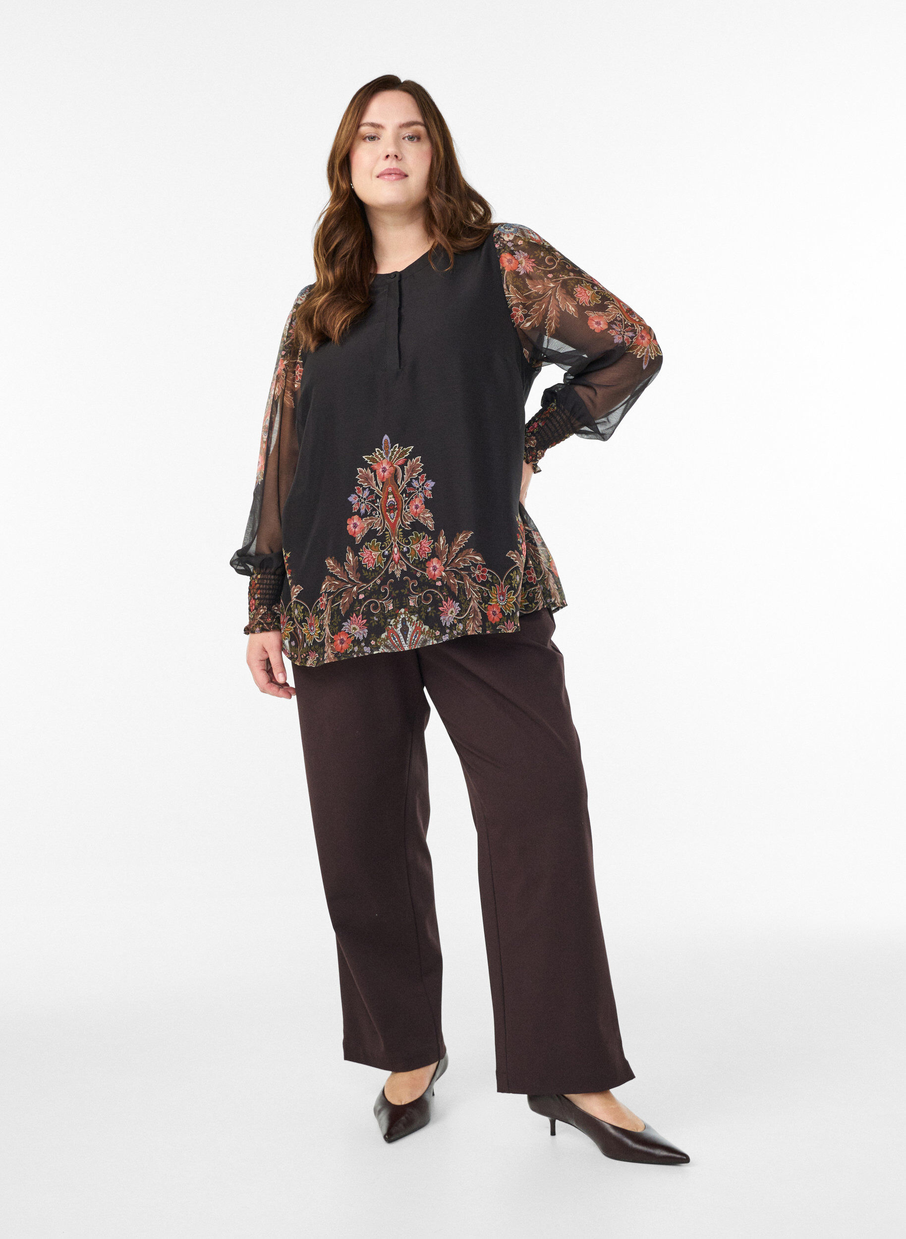 Zizzifashion Blouse with paisley print and sheer sleeves, Black, Model image number 1