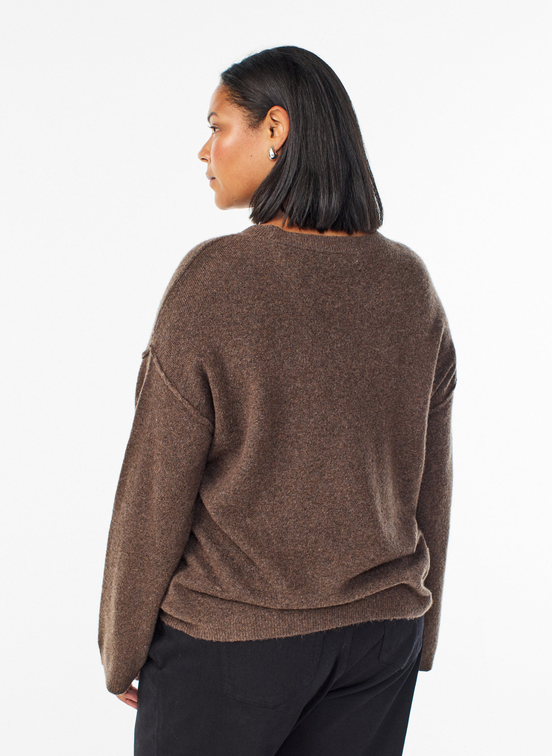ZizzifashionLoose knit sweater with prominent seams, Brown, Model image number 2