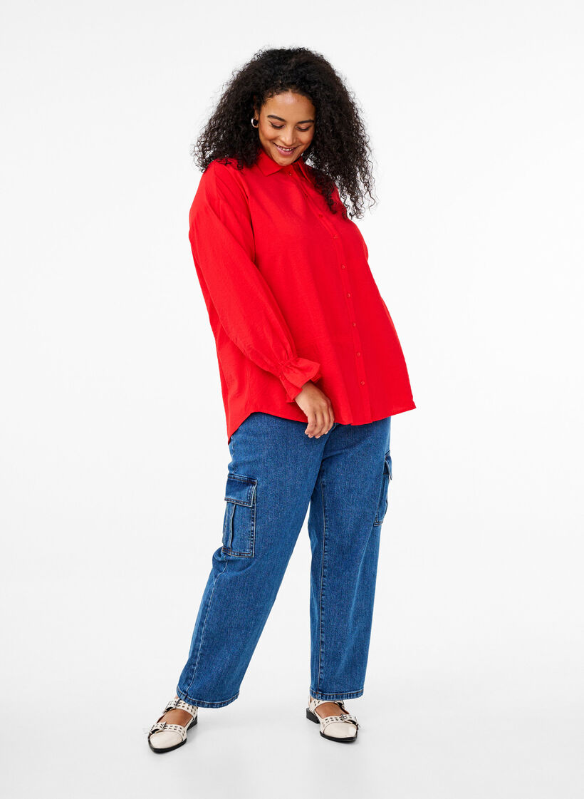 Shirt with long sleeves and ruffle details, Red, Model image number 1
