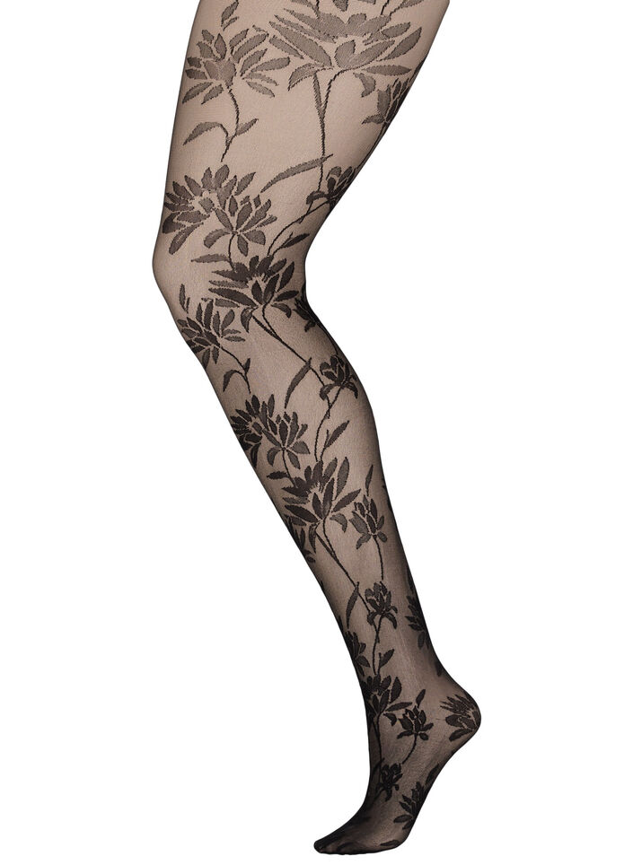 25 denier tights with leaf pattern, Black, Packshot image number 0