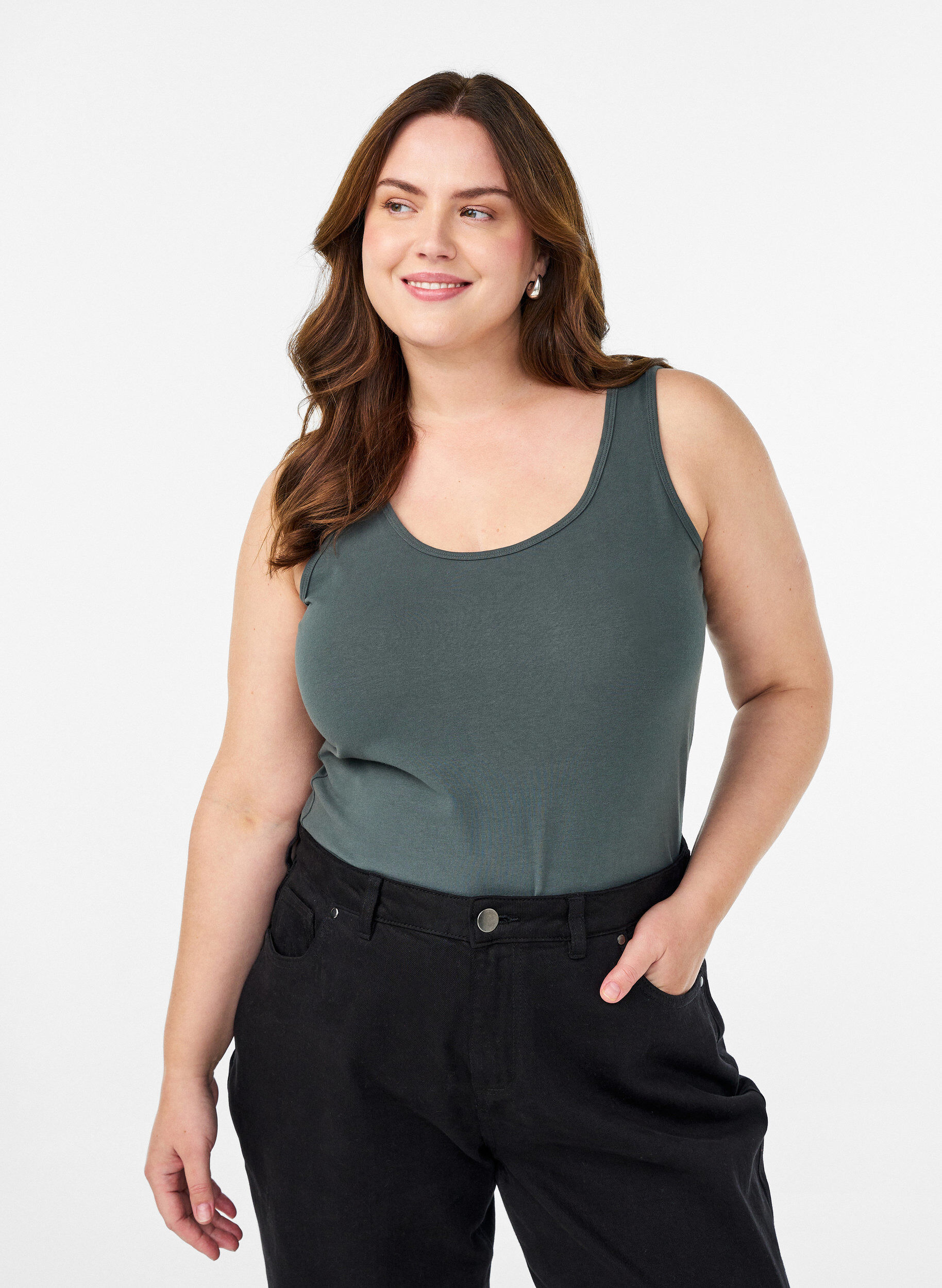 ZizzifashionSolid color basic top in cotton, Green, Model image number 0