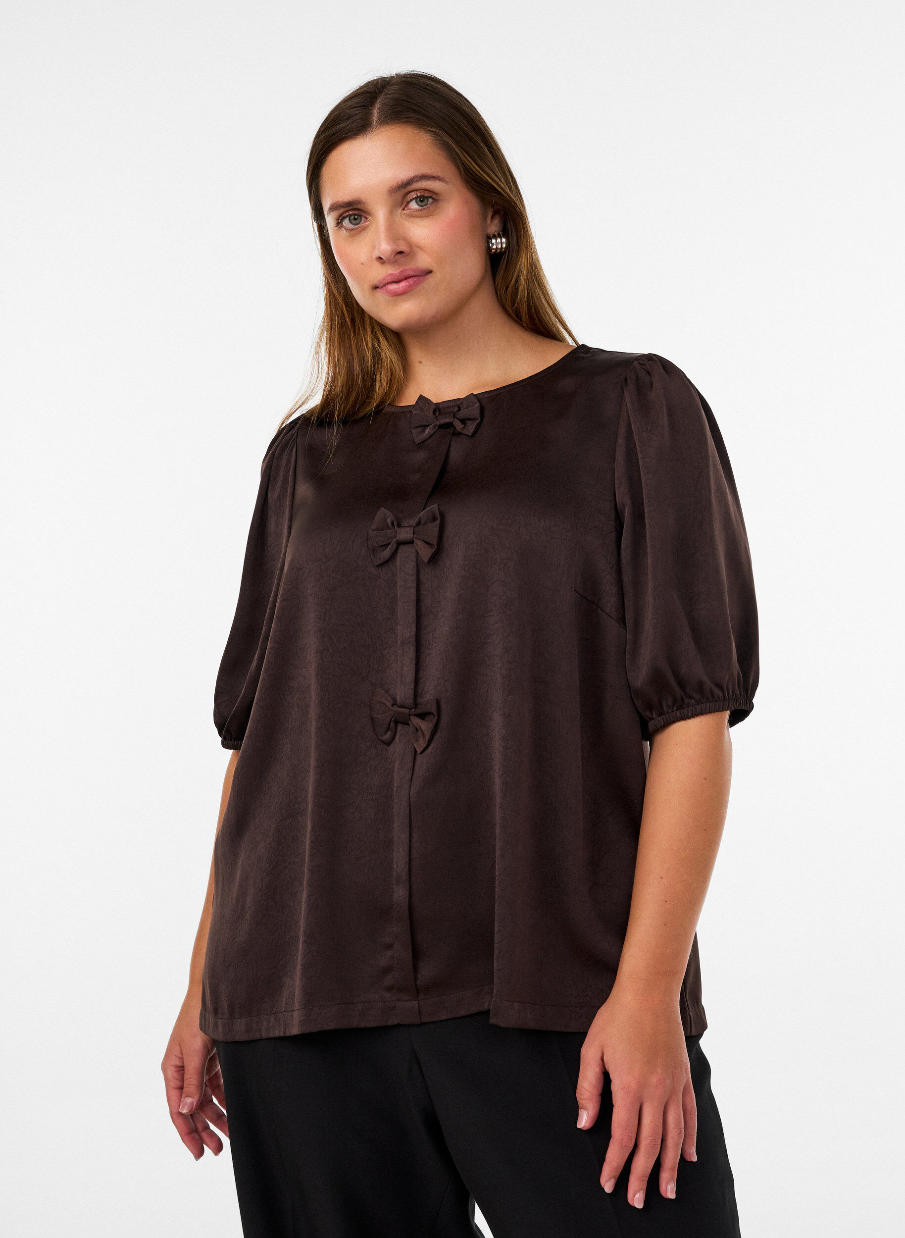 Satin blouse with bows and elbow-length sleeves, Brown, Model
