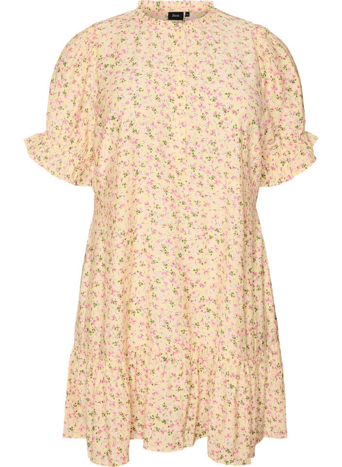 Short viscose dress with ruffle details, Yellow, Packshot image number 0
