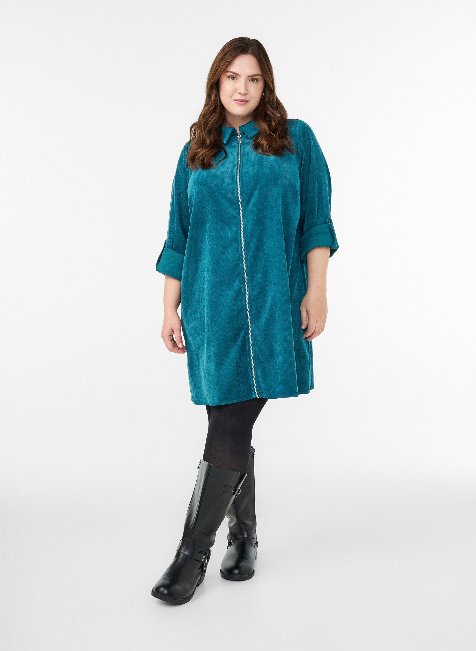 Zizzifashion Corduroy dress with zipper and 3/4 sleeves, Green, Model image number 1