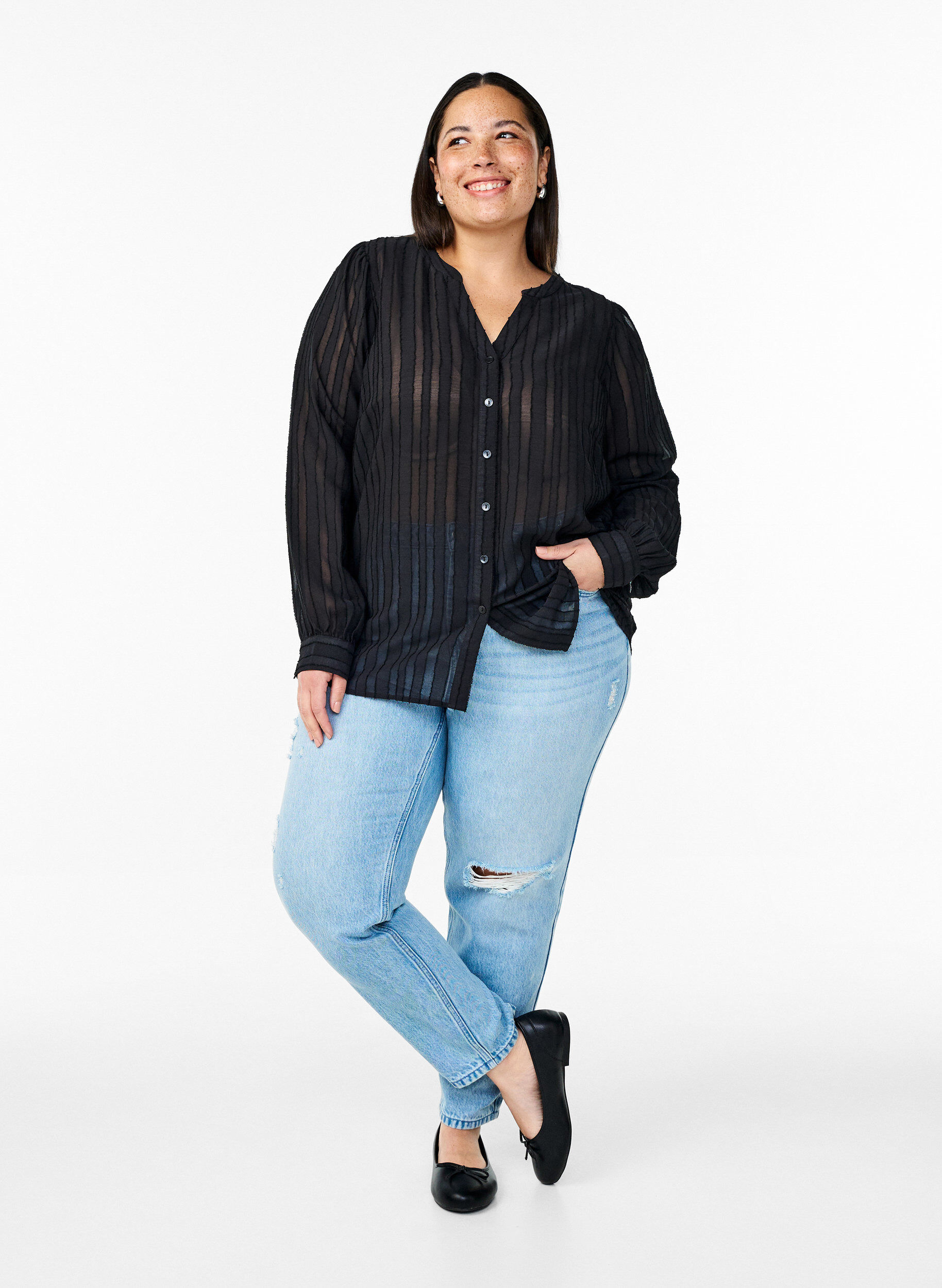 Zizzifashion Striped shirt blouse with sheer stripes, Black, Model image number 1