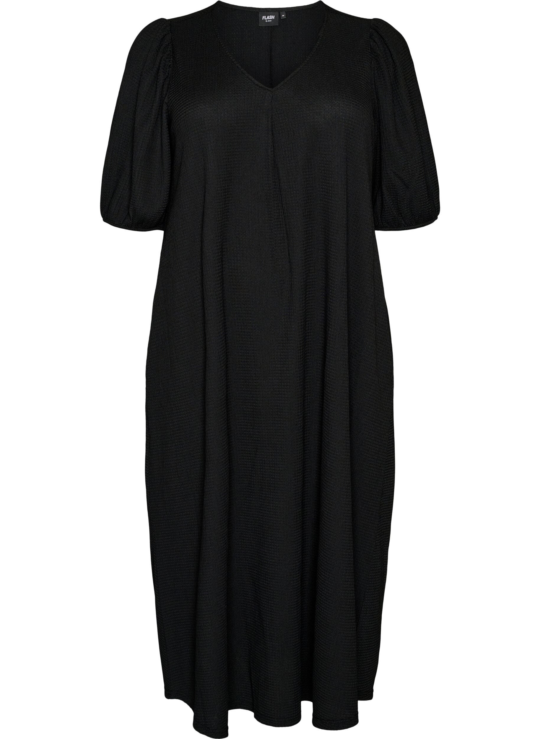 Zizzifashion Midi dress with V-neck and texture, Black, Packshot image number 0