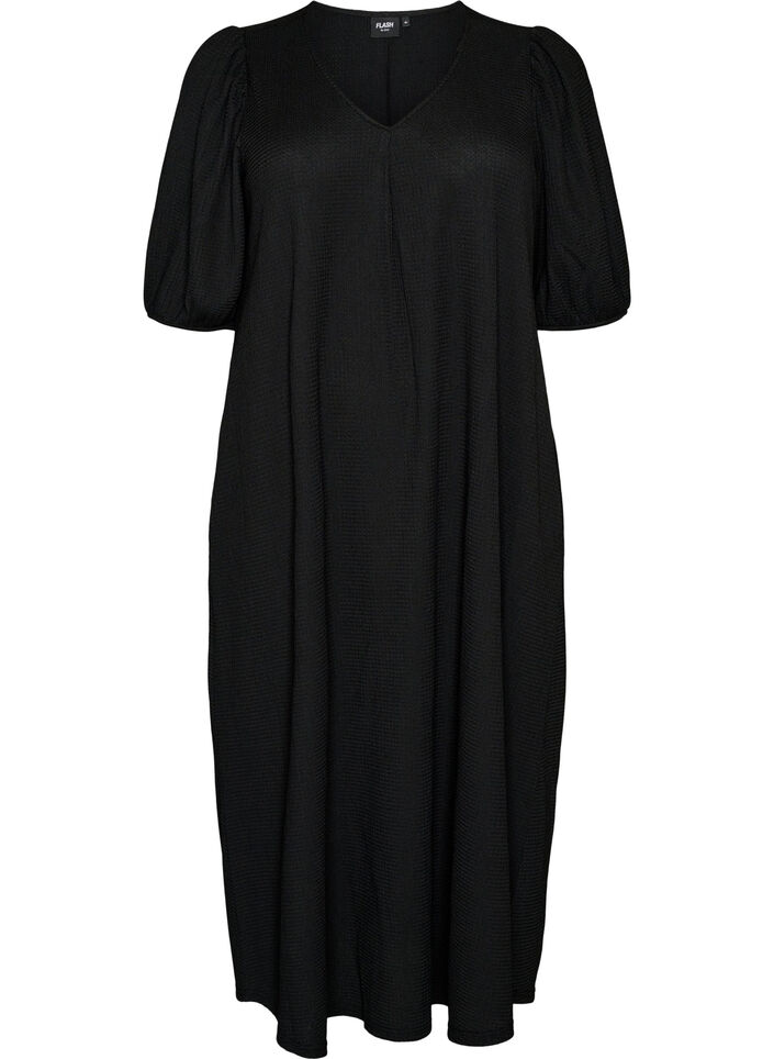 Midi dress with V-neck and texture, Black, Packshot image number 0