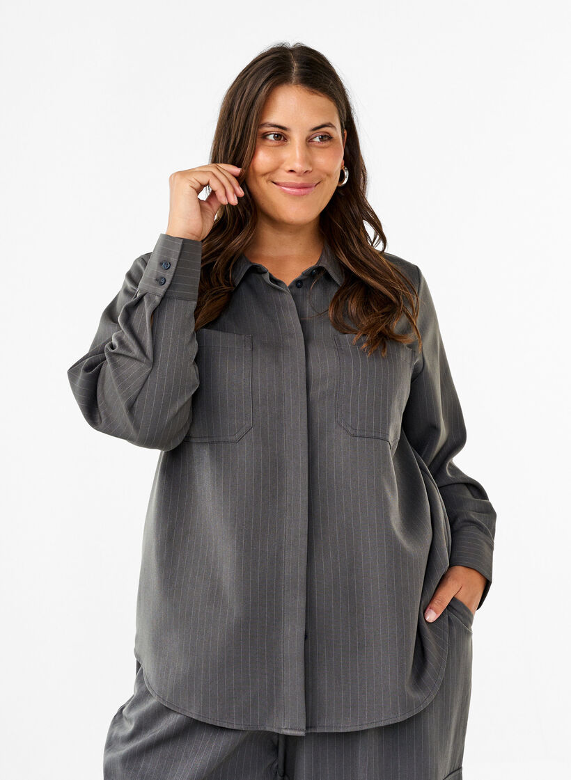 Pinstriped shirt with collar and chest pockets, Dark Shadow Pin St., Model image number 0