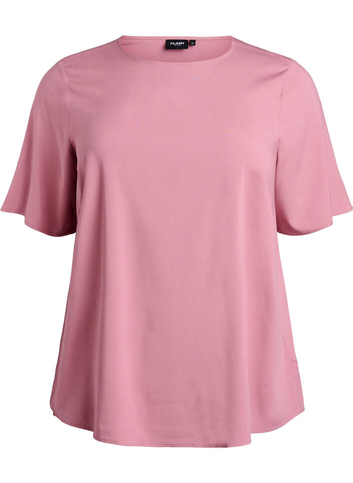Short-sleeved woven blouse with round neck, Rose, Packshot image number 0