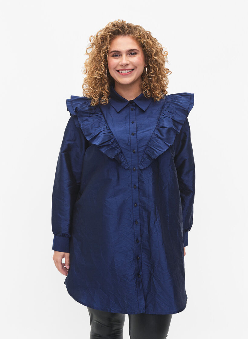 Solid colored shirt with ruffle detail, Titan, Model image number 0