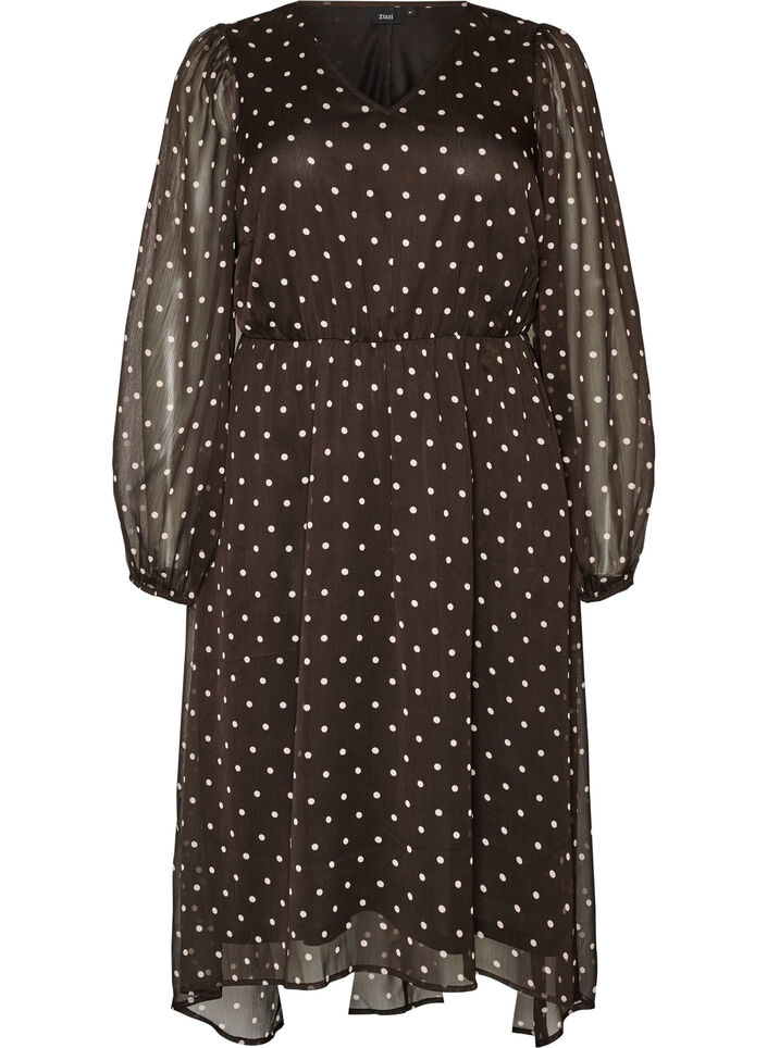 Chiffon dress with polka dots and long sleeves, Brown, Packshot image number 0