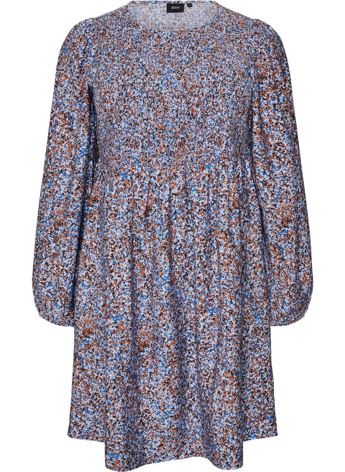 Viscose dress with smock and an all-over pattern, Light Blue, Packshot image number 0