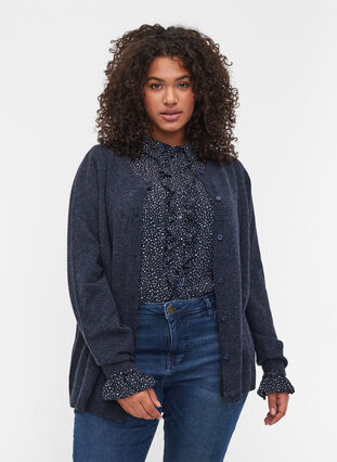 Short melange knitted cardigan with button fastening, Night Sky Mel., Model image number 0