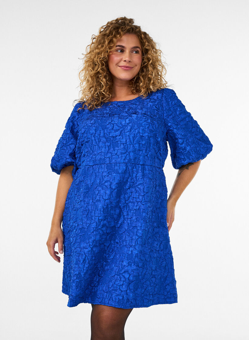 Jacquard dress with puff sleeves and A-line, Blue, Model image number 0