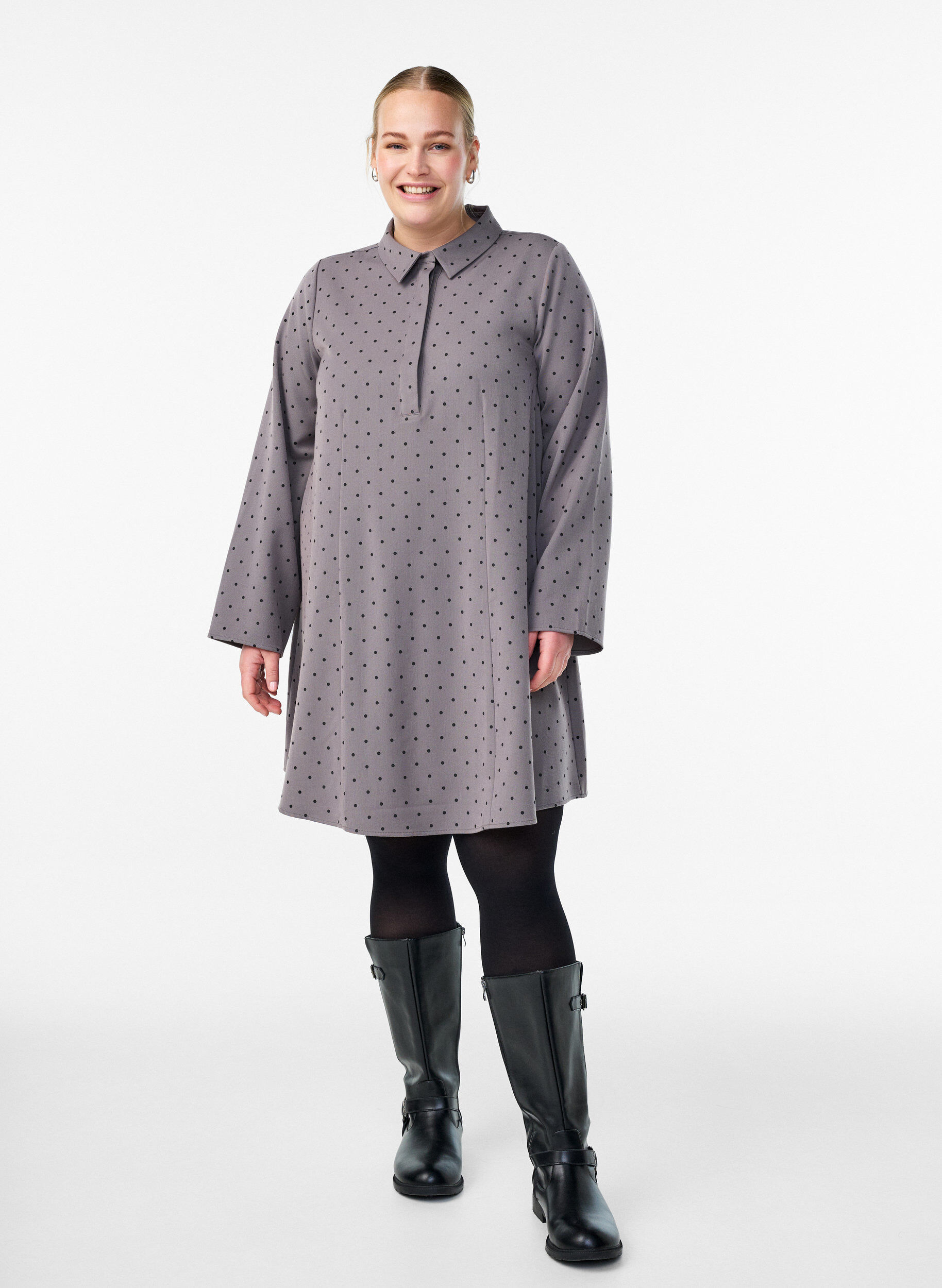 Zizzifashion Short A-line dress with long sleeves, Grey, Model image number 1