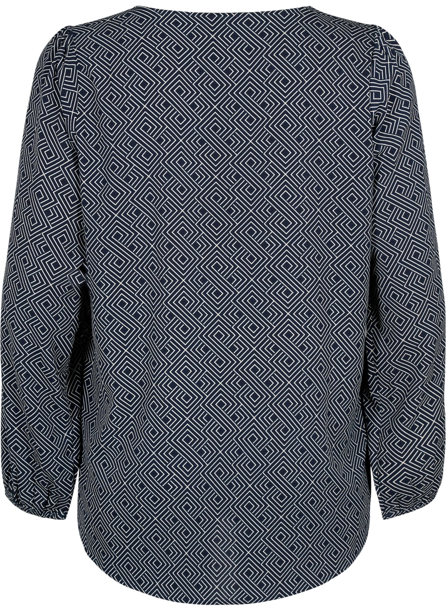 Zizzifashion Shirt blouse with a V-neck and print, Navy Graphic AOP, Packshot image number 1