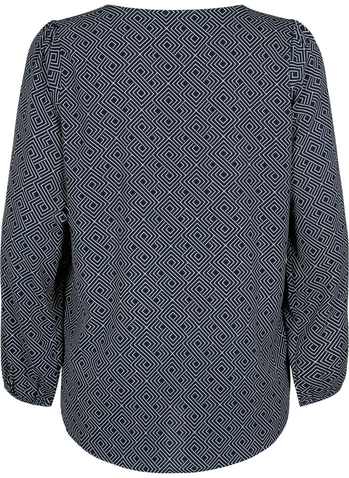 Shirt blouse with a V-neck and print, Navy Graphic AOP, Packshot image number 1
