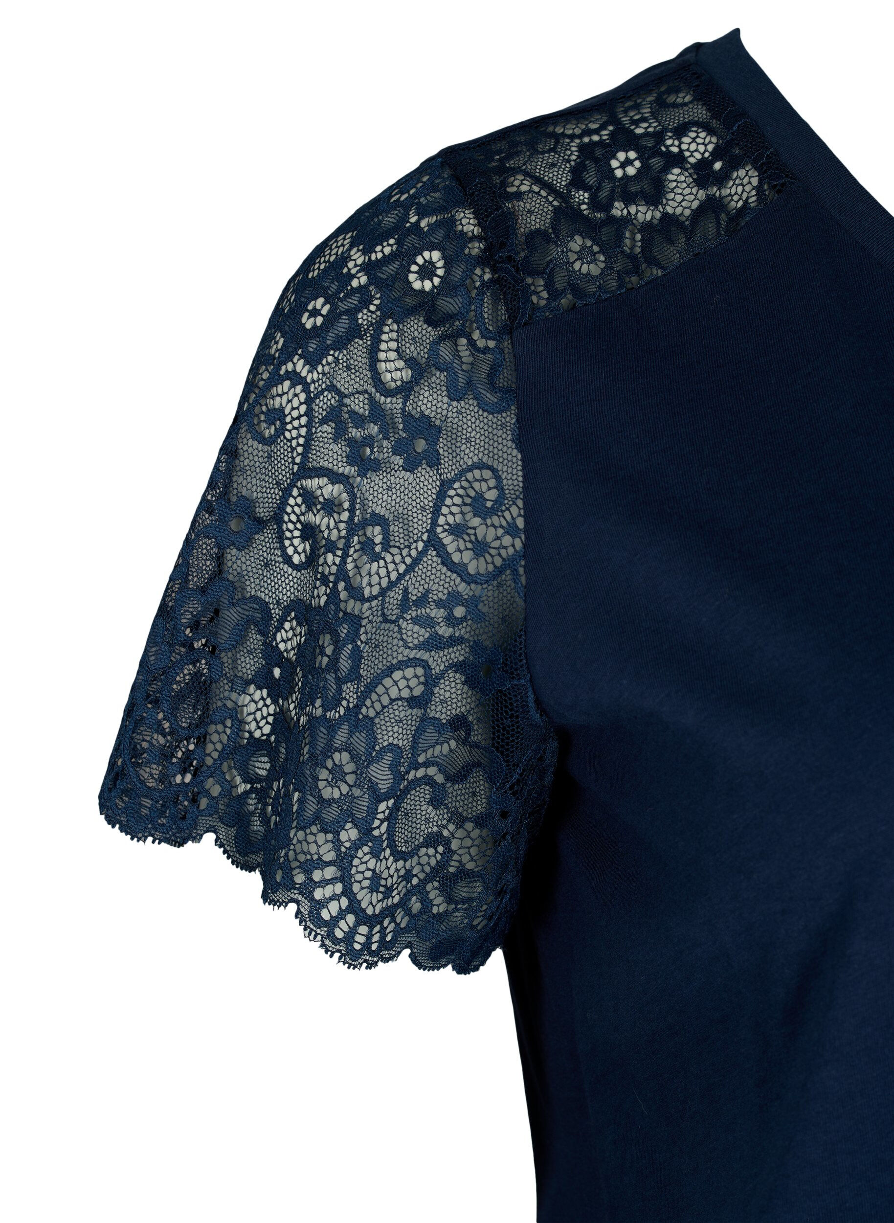 Zizzifashion Cotton t-shirt with short lace sleeves, Blue, Packshot image number 3