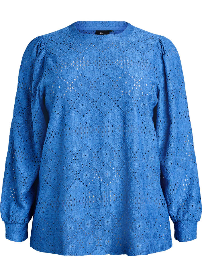 Long-sleeved blouse with eyelet embroidery, Blue, Packshot image number 0