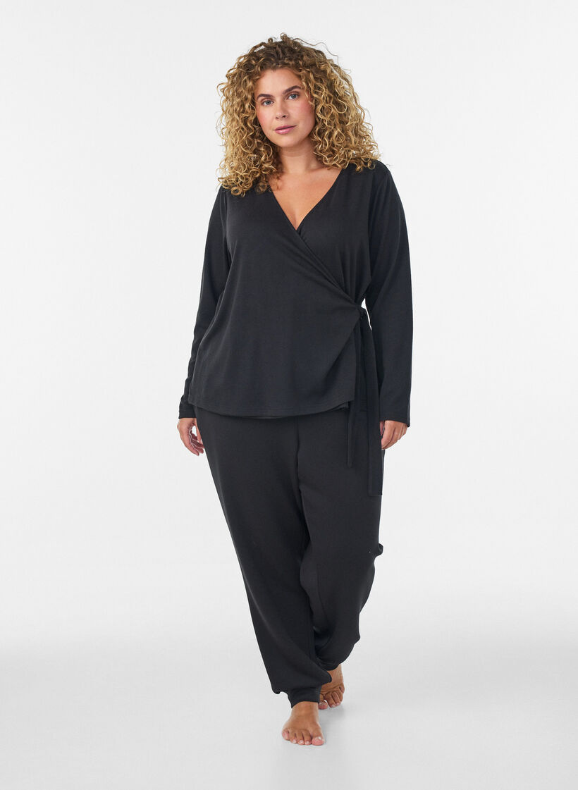 Jersey wrap blouse with a tie-fastening, Black, Model image number 1
