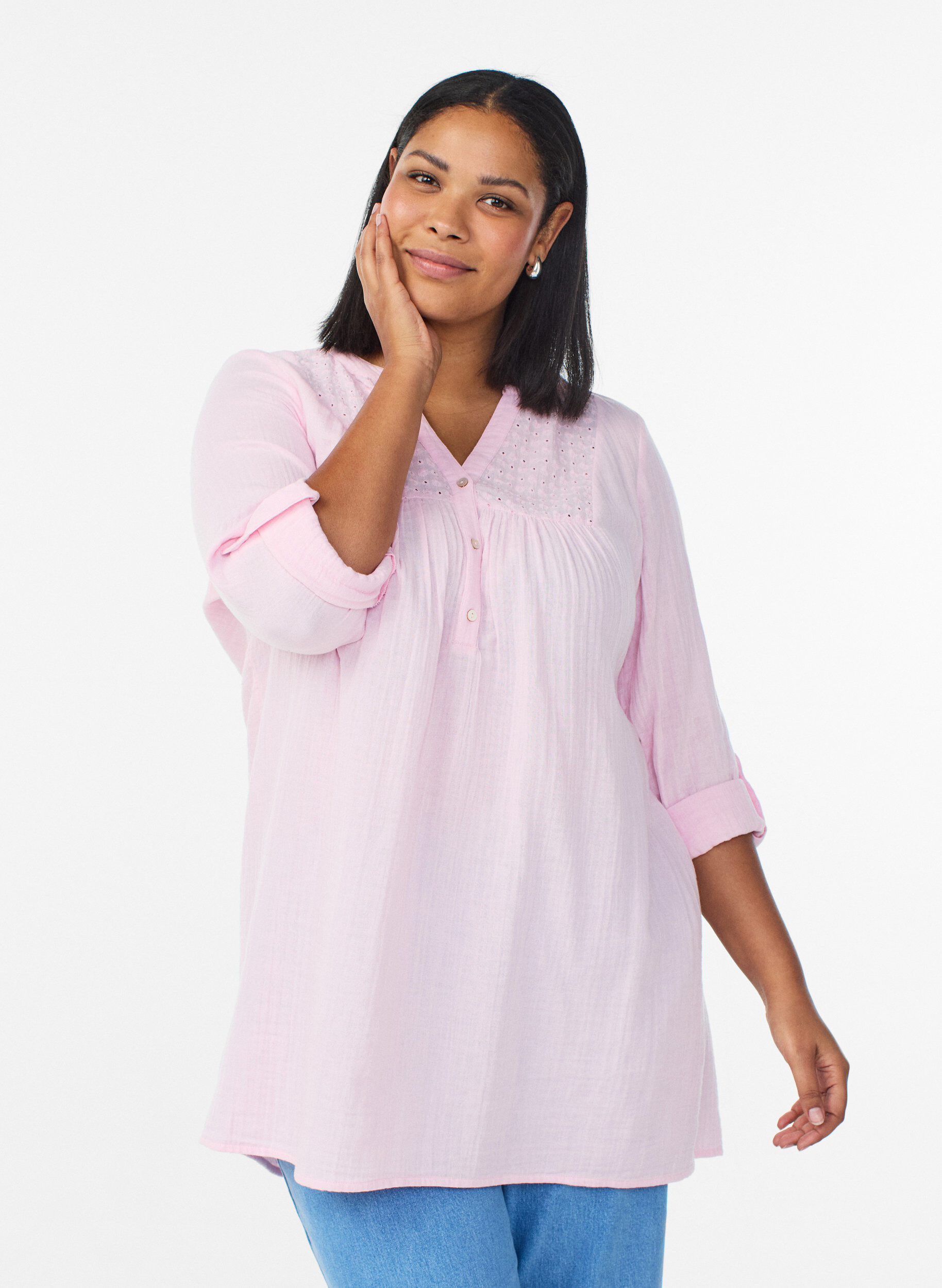 Zizzifashion Cotton muslin tunic with broderie anglaise, Rose, Model image number 0