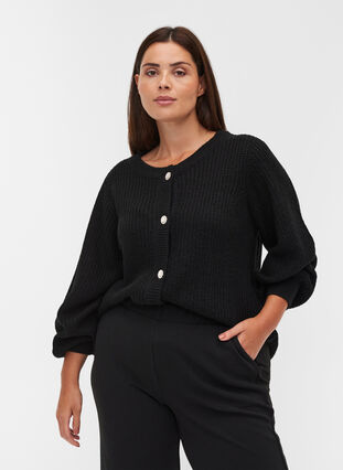 Short rib-knit cardigan with button fastening, Black, Model image number 0