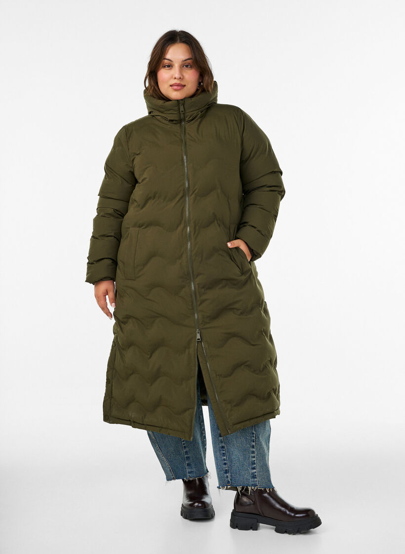 Long hooded puffer jacket with a wave pattern, Green, Model