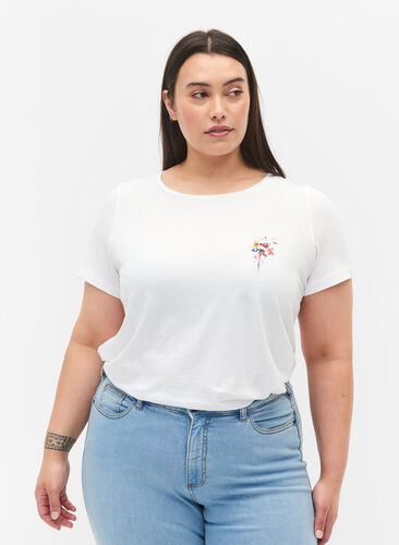Cotton t-shirt with print on the front, Bright White FLOWER, Model image number 0