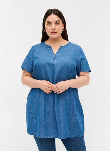 Short-sleeved denim tunic in cotton, Medium Blue Denim, Model image number 0