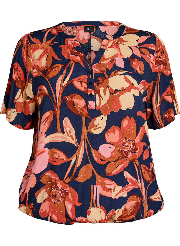 Viscose blouse with floral print and short sleeves, 9990, Packshot image number 0