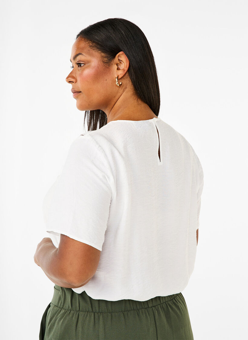 Short-sleeved viscose blouse with lace detail, Bright White, Model image number 1