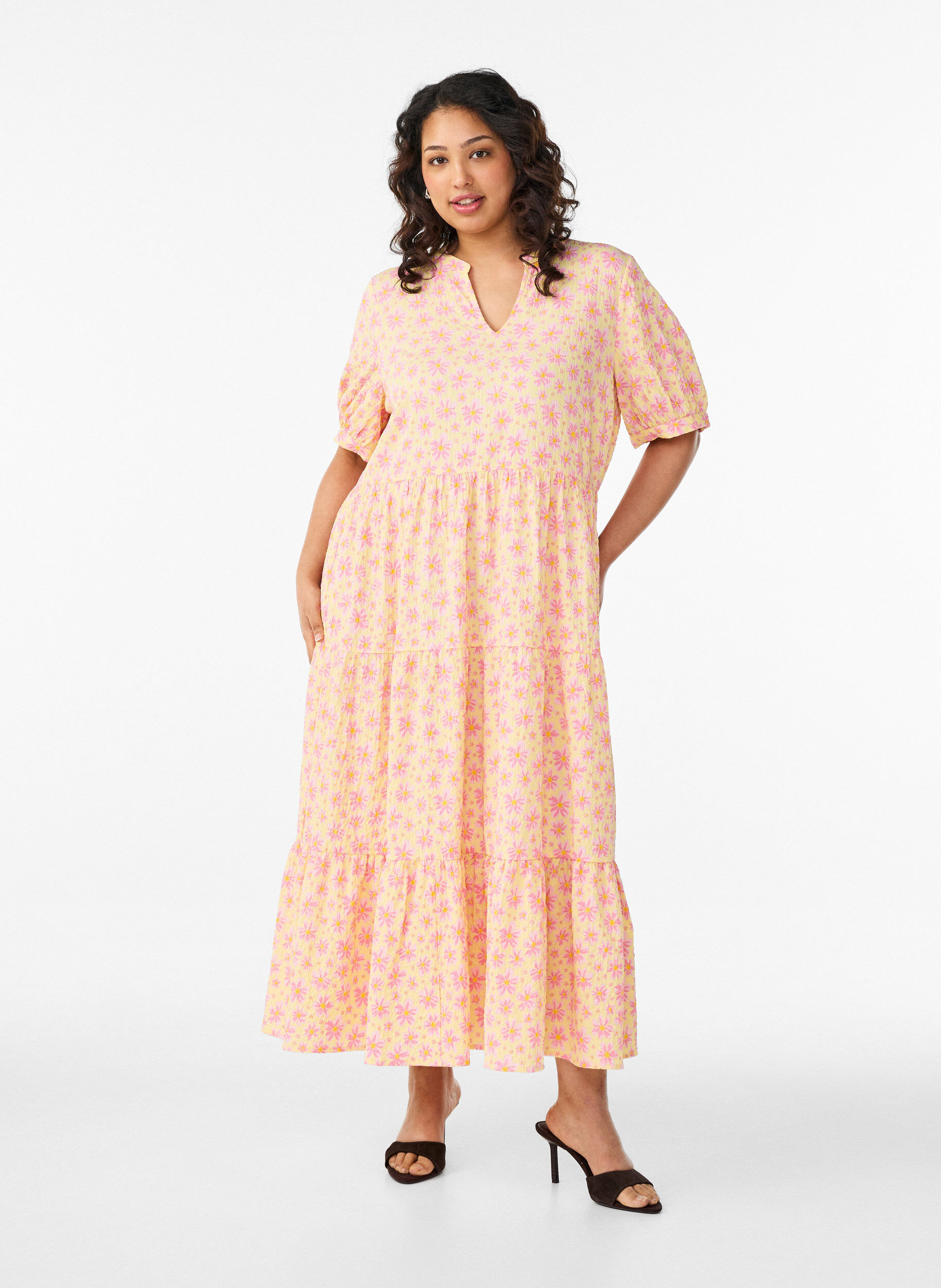 Zizzifashion Ankle-length dress with short sleeves and tiered ruffles, Yellow, Model image number 0