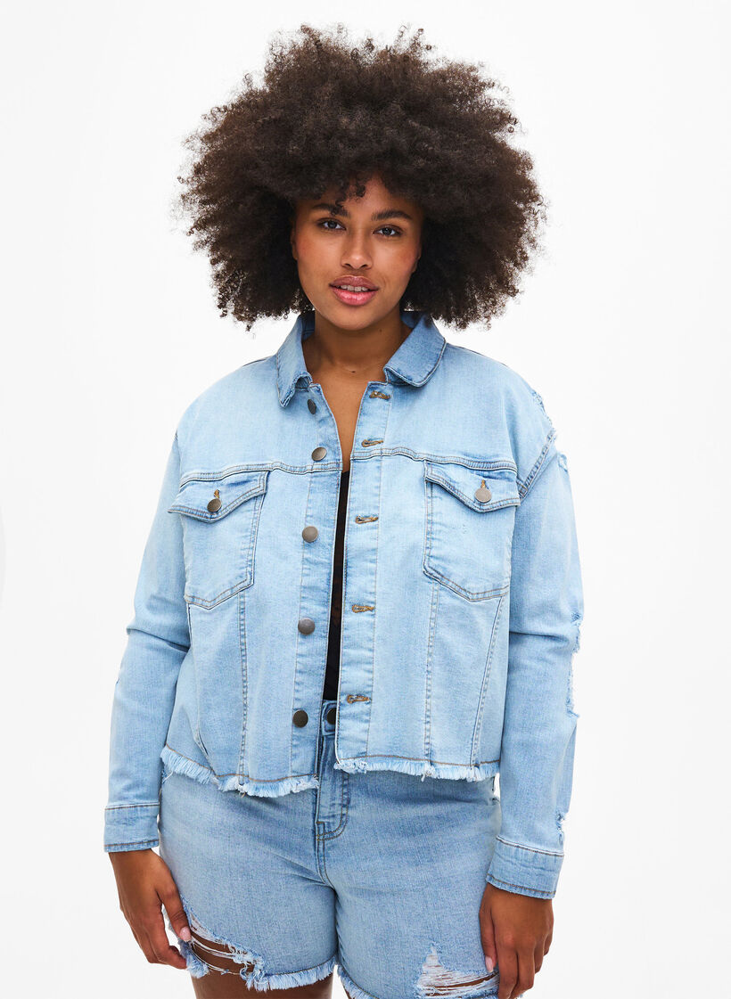 Short denim jacket with distressing details, Light Blue Denim, Model image number 0