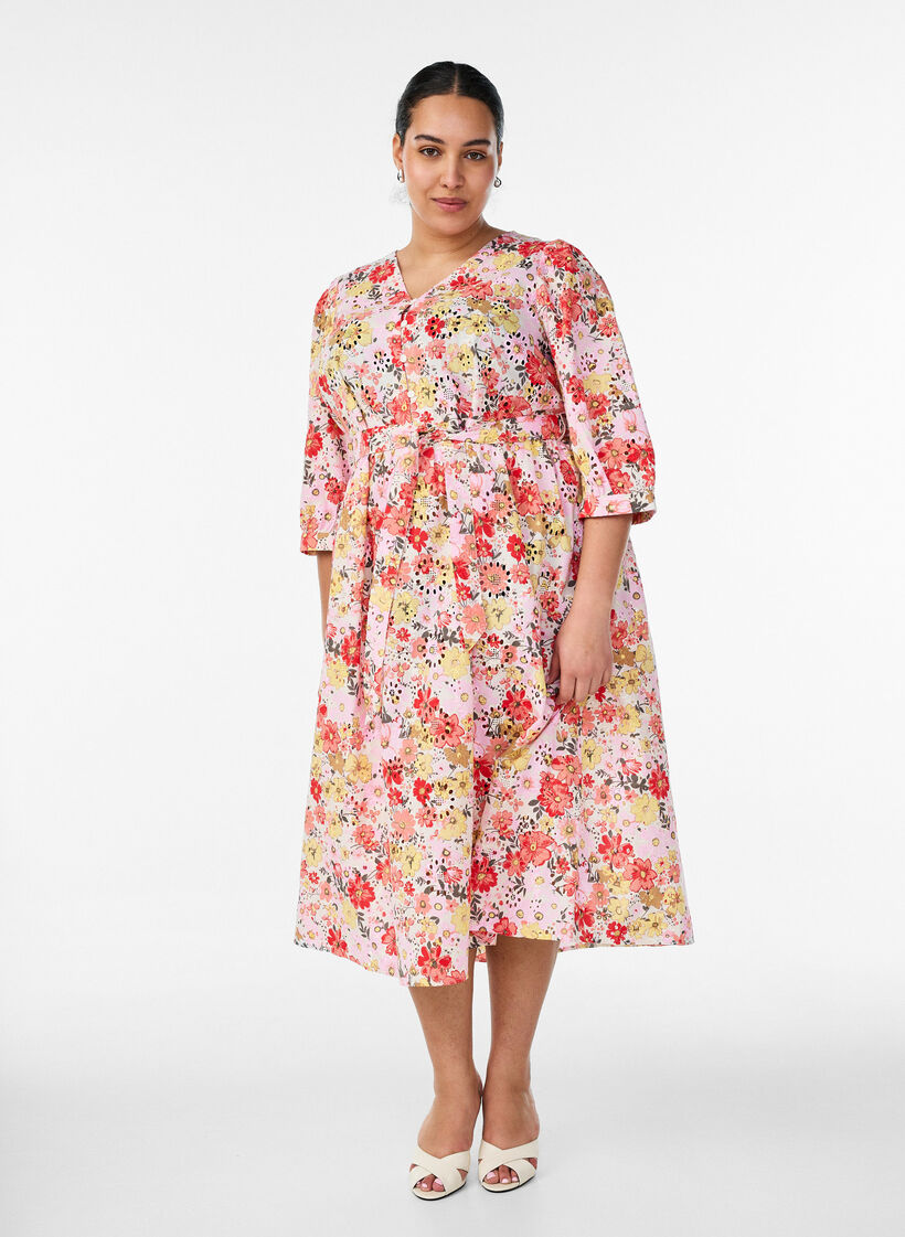 Floral midi dress with broderie anglaise and a tie-belt, Rose, Model image number 0