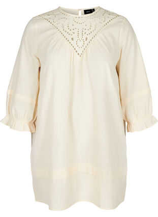 Tunic with broderie anglaise and 3/4 sleeves, Mother Of Pearl, Packshot image number 0