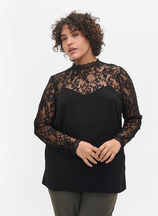 Long-sleeved viscose blouse with lace, Black, Model image number 0