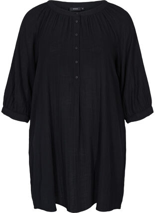 Cotton tunic with buttons and 3/4 sleeves, Black, Packshot image number 0