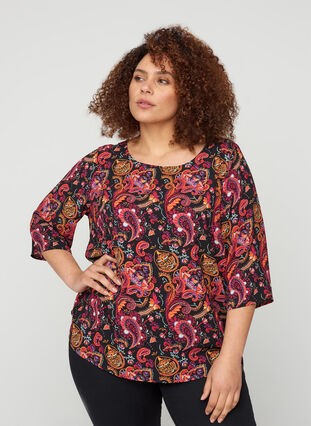 Printed blouse with lace back and 3/4-length sleeves, Black/Multi Paisley, Model image number 0