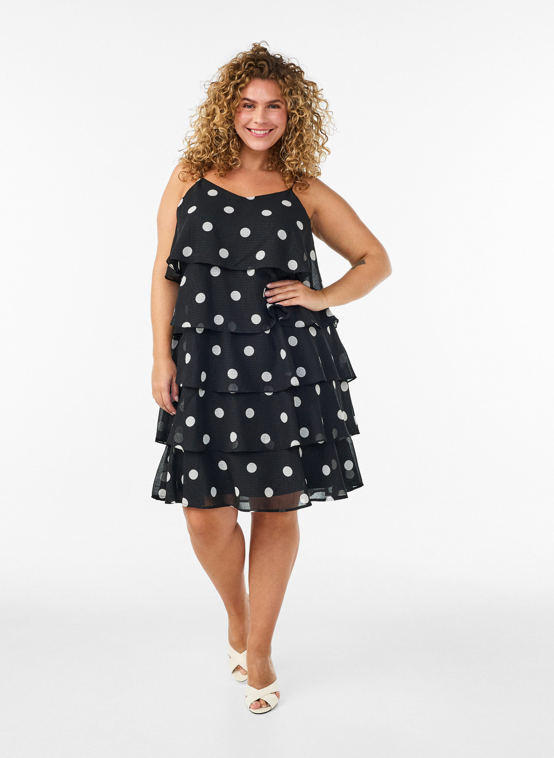 Zizzifashion Layered dress with ruffles and spaghetti straps, Black, Model image number 1