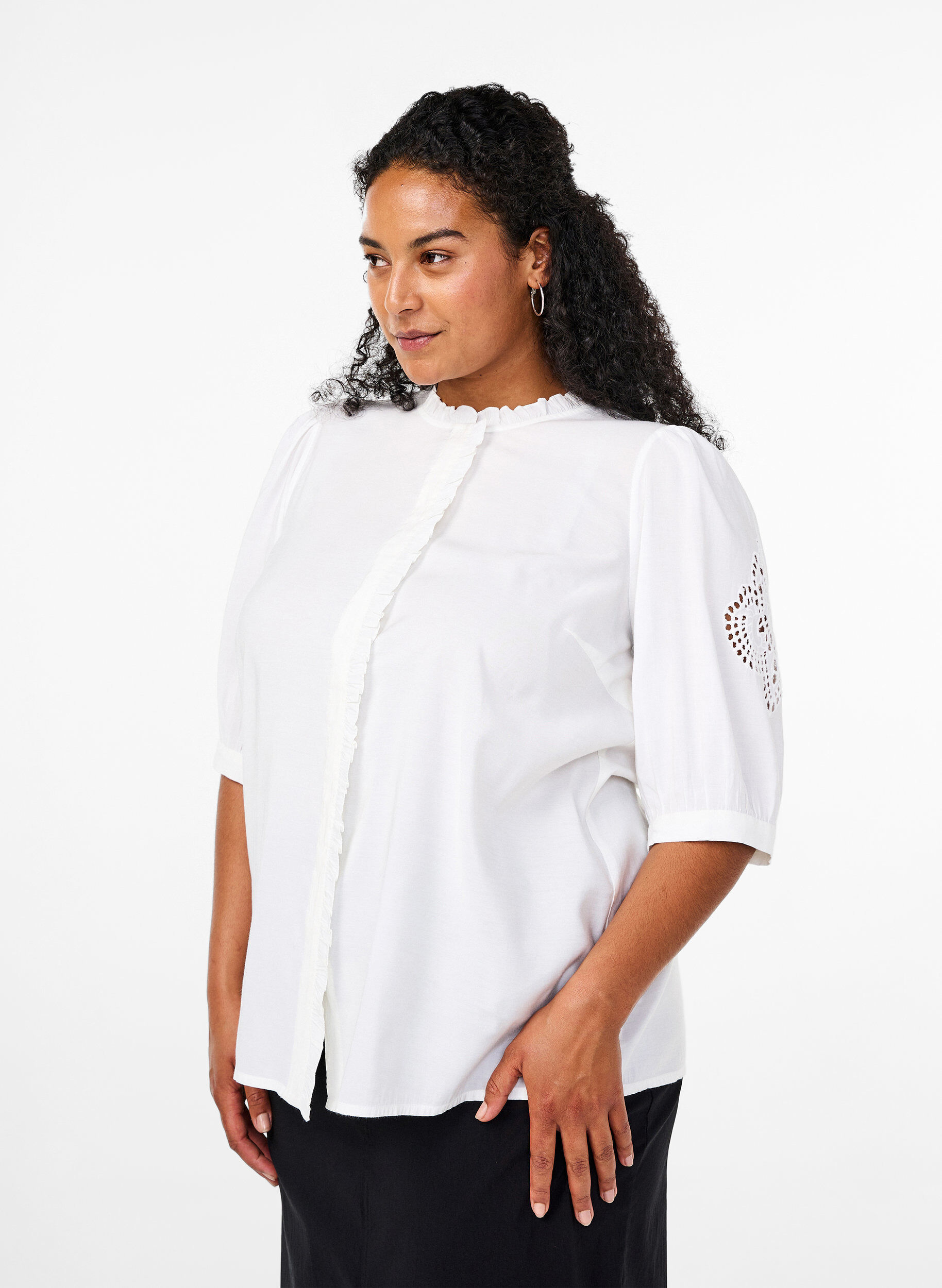 Zizzifashion Shirt blouse with ruffles and broderie anglaise, White, Model image number 0