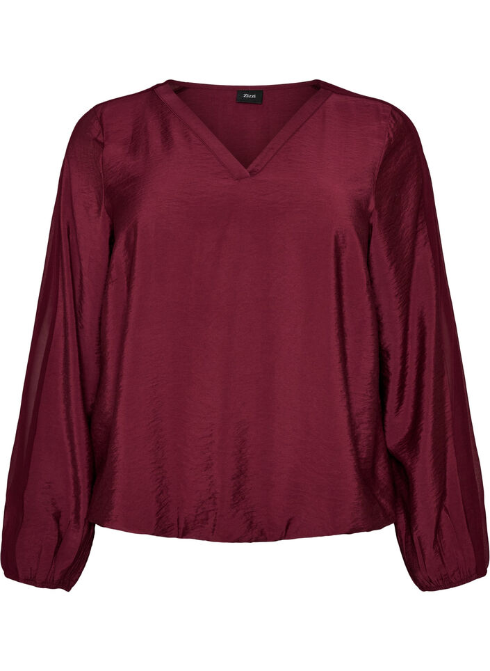 Blouse with balloon effect and chiffon details, Red, Packshot image number 0