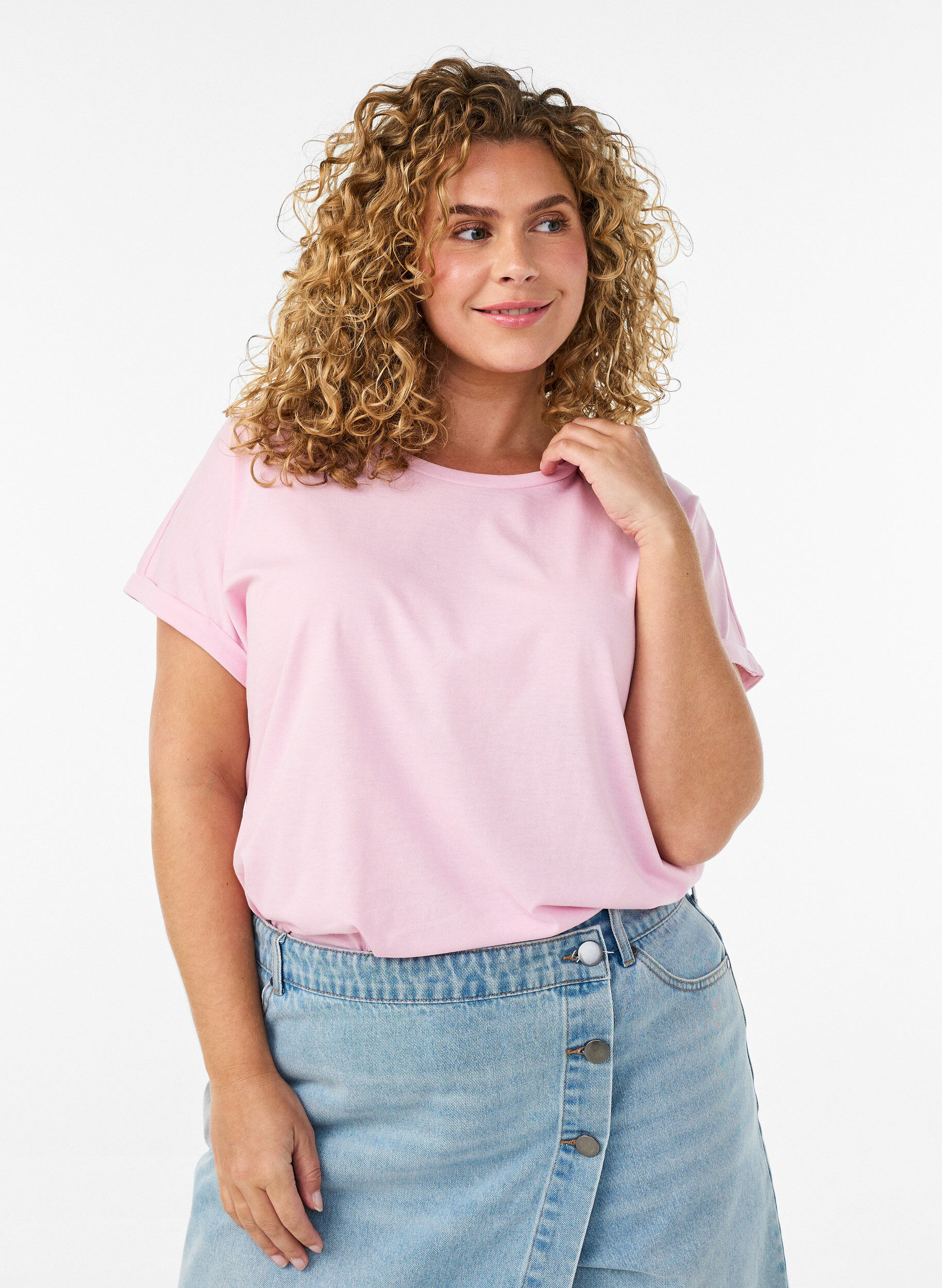 Short-sleeved cotton blend T-shirt, Rose, Model