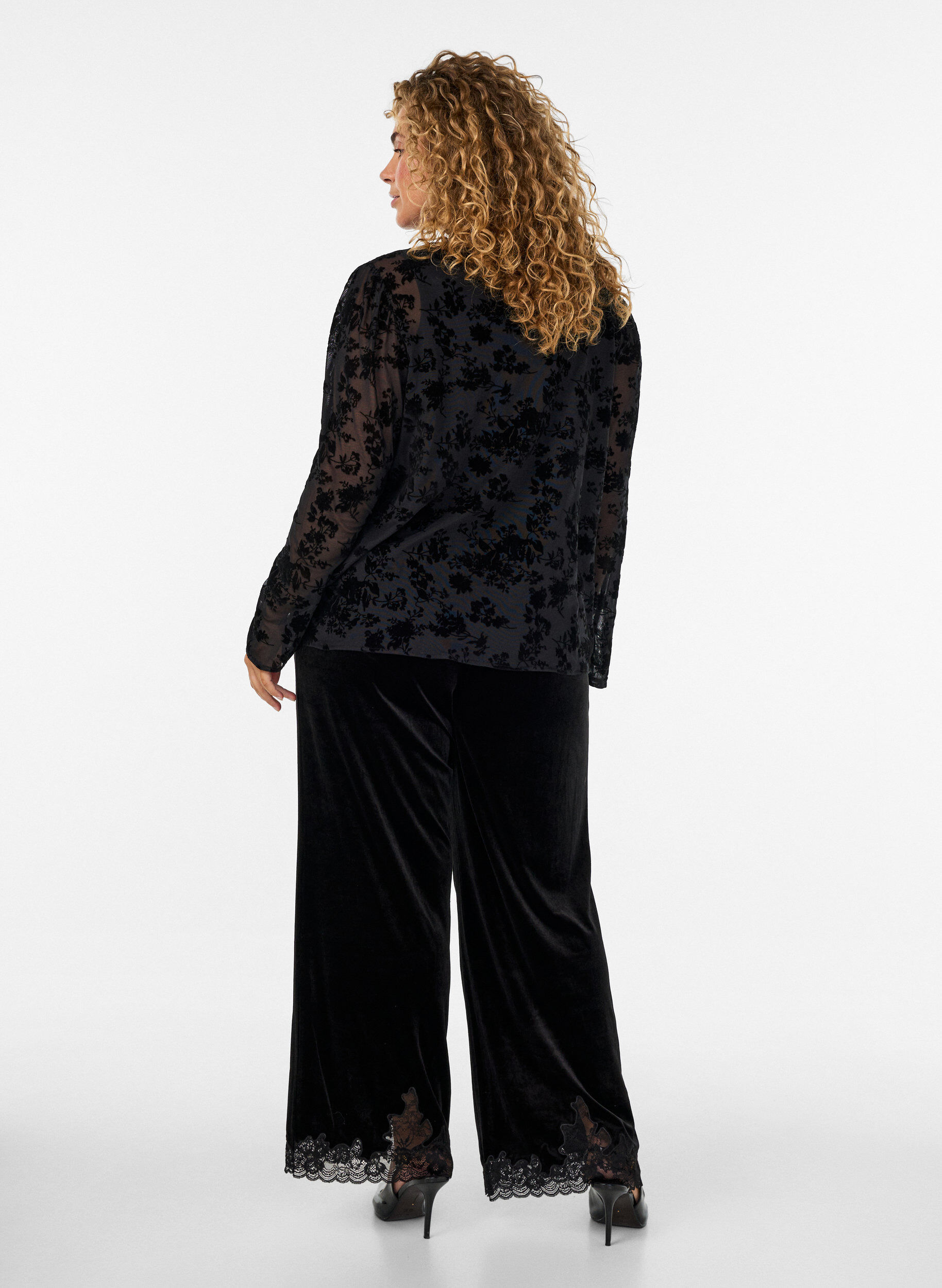 ZizzifashionVelvet trousers with lace trim and wide legs, Black, Model image number 2