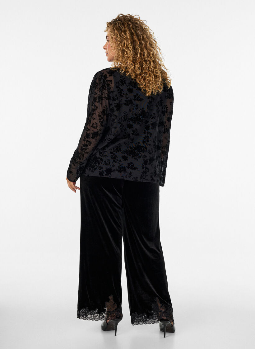 Velvet trousers with lace trim and wide legs, Black, Model image number 2