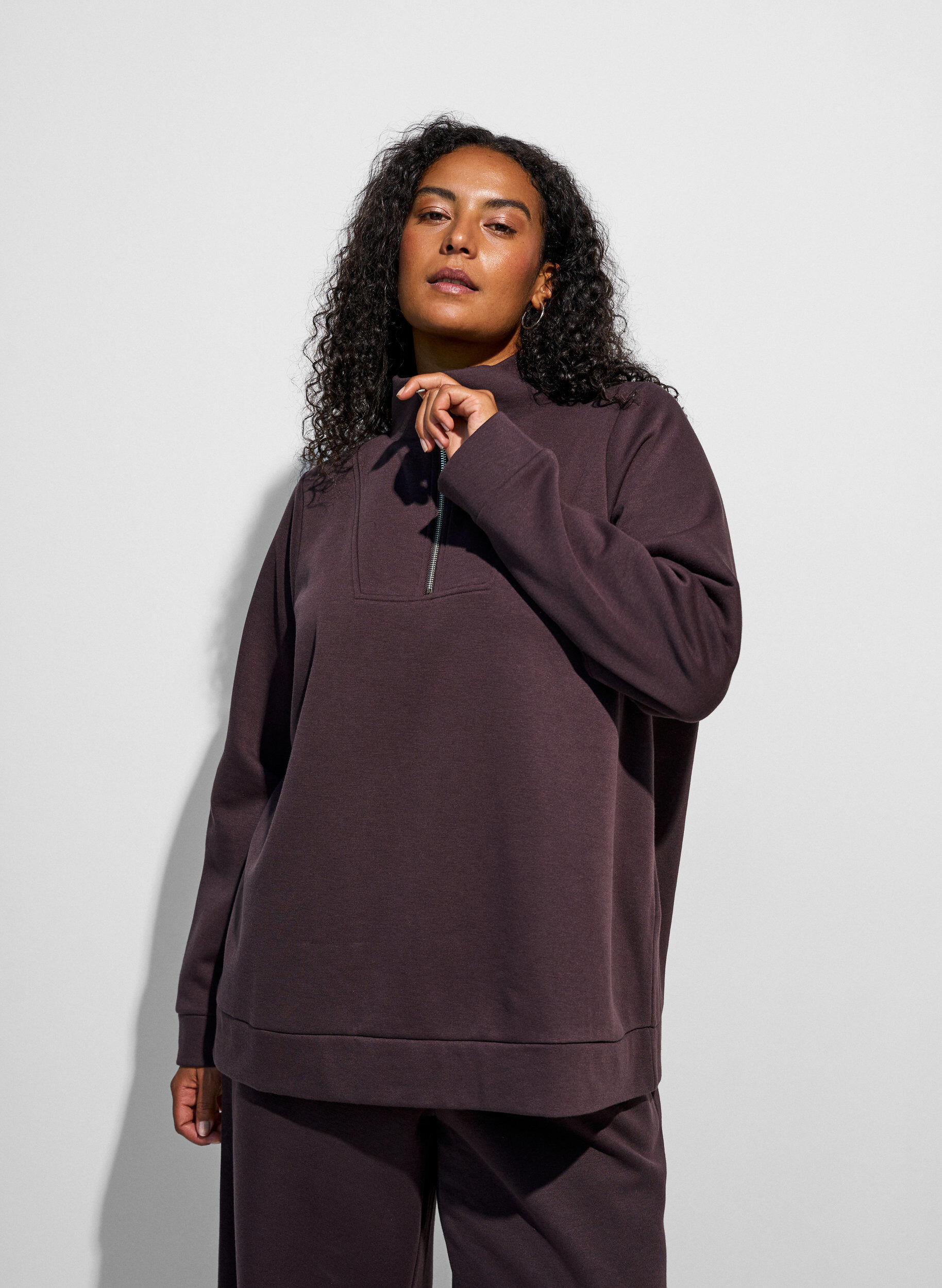 ZizzifashionSweatshirt with high collar and zipper, Brown, Model image number 3