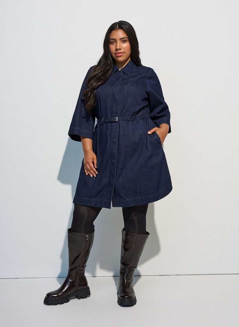Denim dress with belt and 3/4-sleeves, Blue, Model image number 1
