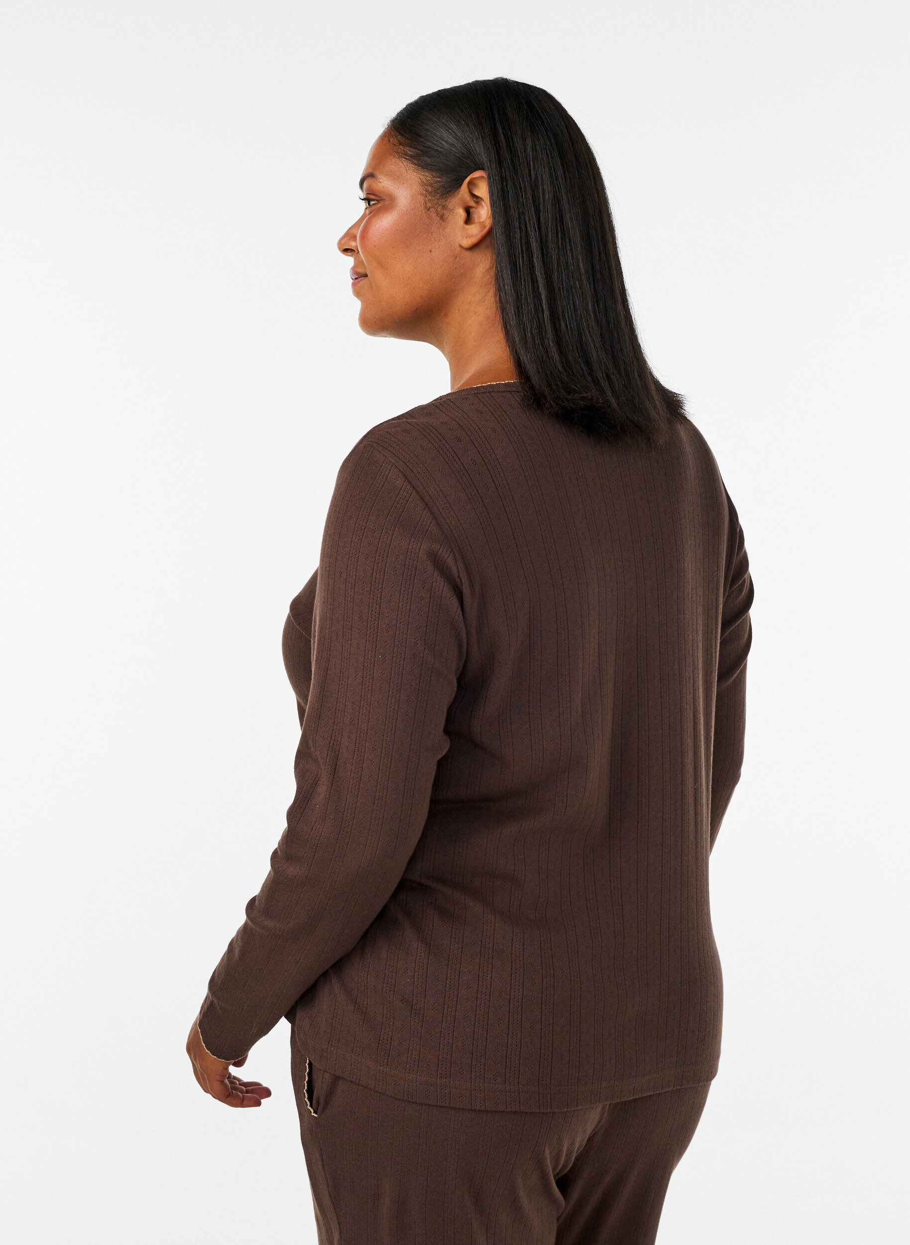 ZizzifashionOrganic cotton pyjama top with eyelet embroidery, Brown, Model image number 2